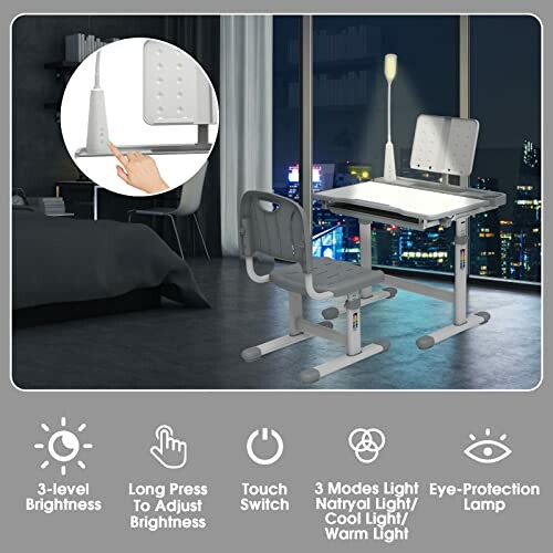 Adjustable desk and chair set with lamp and city view