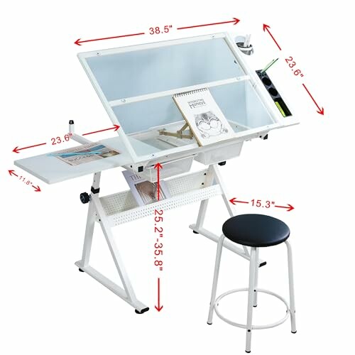 Adjustable drafting table with stool and storage space.