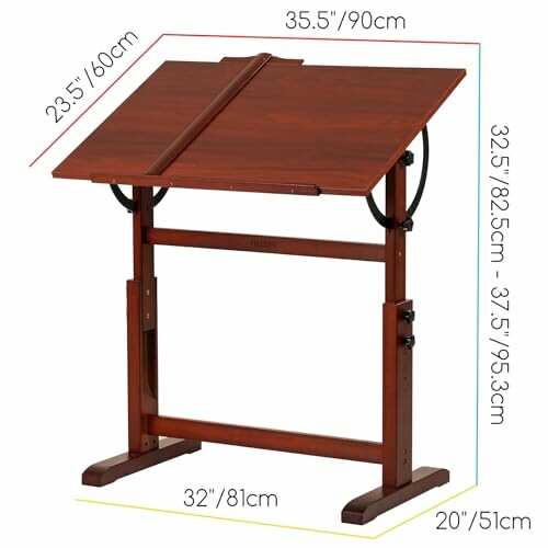 Adjustable wooden drafting table with dimensions.