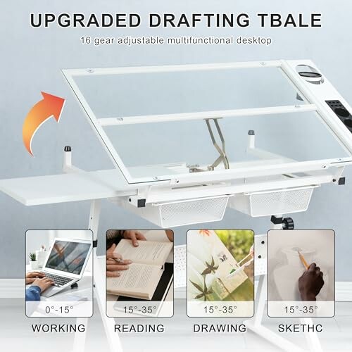 Adjustable drafting table with angle settings for working, reading, drawing, and sketching.