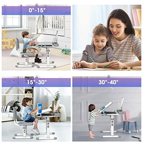 Children using adjustable study desks at various angles.