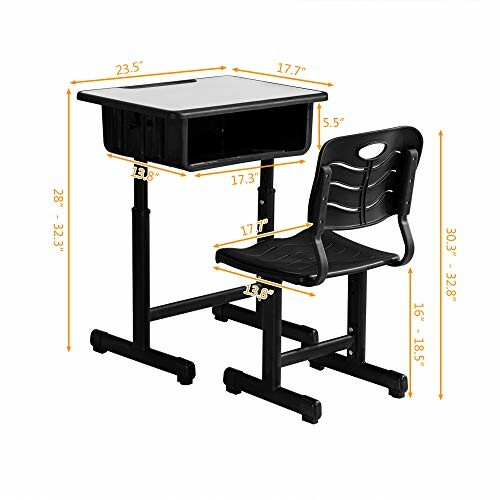 Adjustable student desk and chair set with measurements.