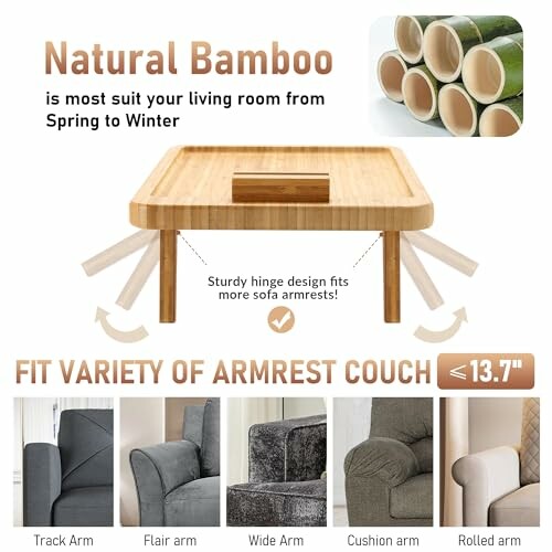 Bamboo armrest tray for various sofa types under 13.7 inches.