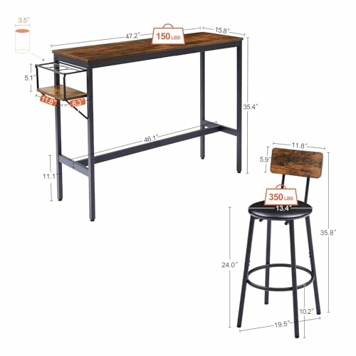 Bar table and stool set with dimensions and weight capacity.