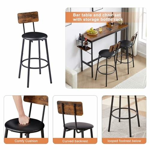 Bar table and chair set with storage rack and cushioned seats