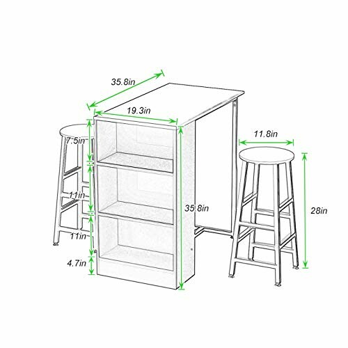 Bar table and stools with dimensions labeled.