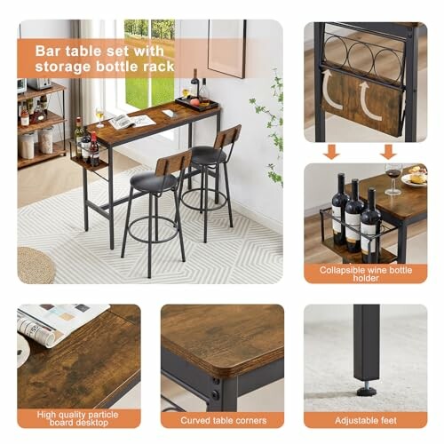 Bar table set with chairs, storage bottle rack, and adjustable features.