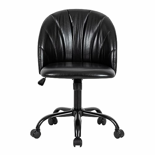 Black leather office chair with wheels, from the side.