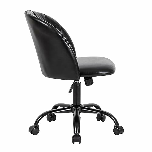 Black leather office chair with wheels, from the front.