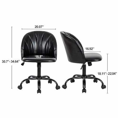 Two black leather office chairs with dimensions labeled, next to a writing desk.