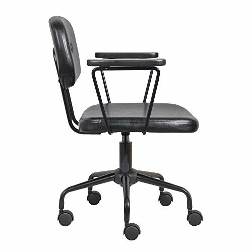 Side view of a black office chair with wheels