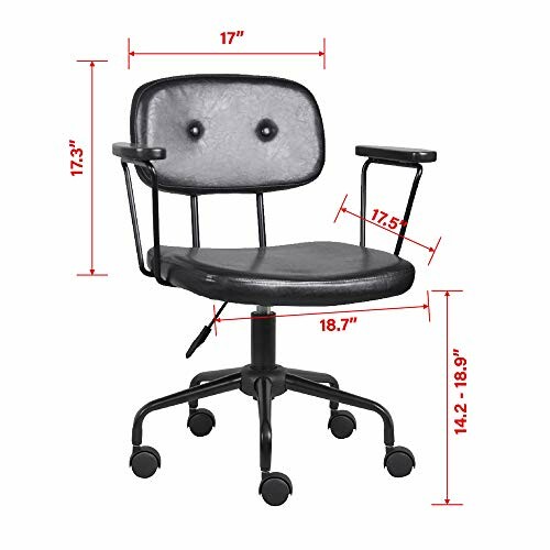 Black office chair with wheels and adjustable height, dimensions shown.