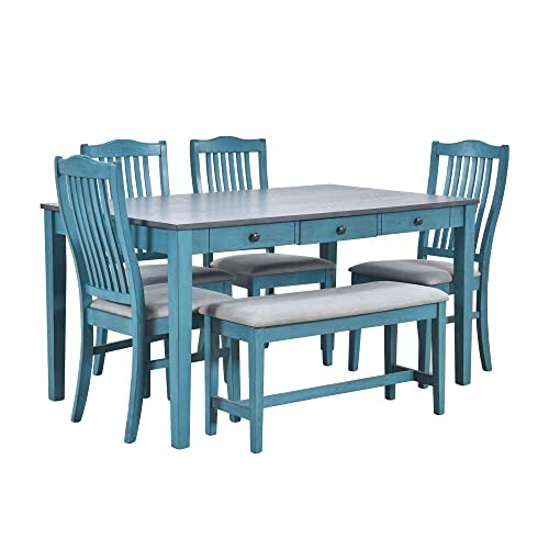 Blue wooden dining table set with four chairs and a bench