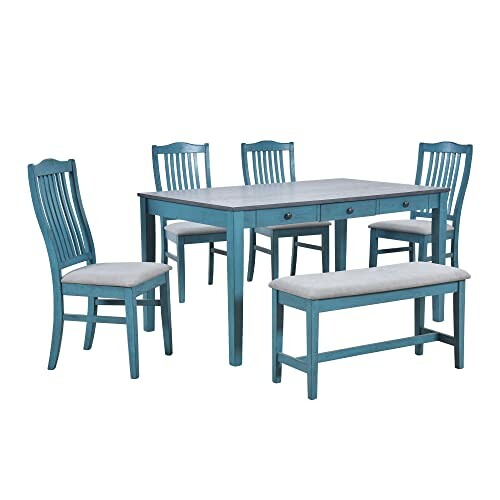 Blue dining table set with chairs and bench