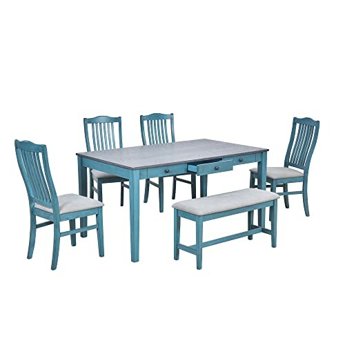 Blue dining table set with four chairs and a bench