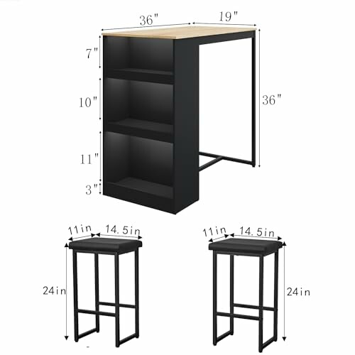 Compact bar table set with stools and measurements