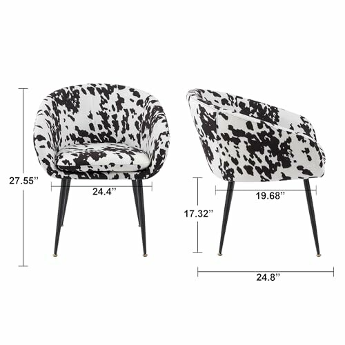 Cow print accent chairs with dimensions.