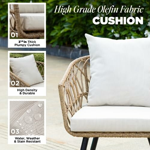 High grade olefin fabric cushion with thick, plump design, shown on a wicker chair.