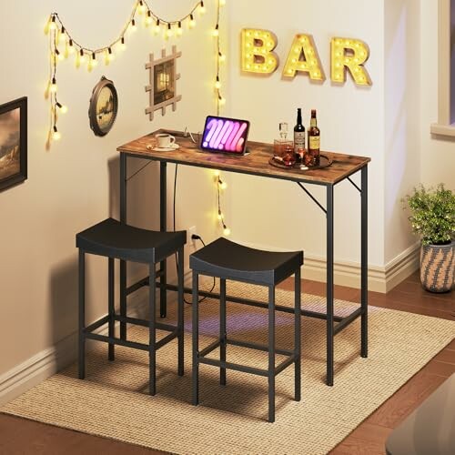 Cozy home bar setup with stools, table, and bar sign