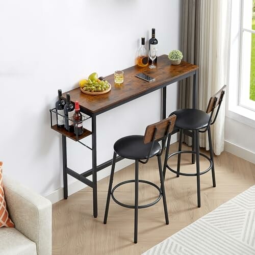 Home bar table with stools and wine bottles