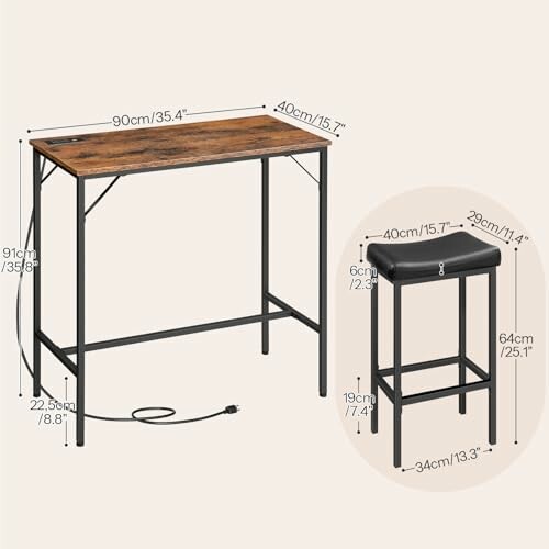 Industrial bar table and stool set with dimensions