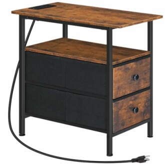 Industrial nightstand with wooden top, two drawers, and power cord.