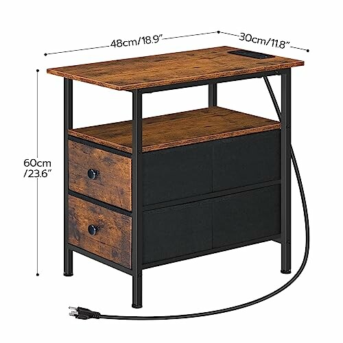 Industrial side table with two drawers and power outlet.