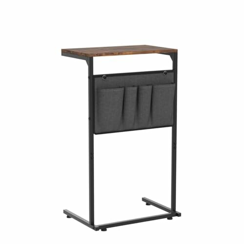 Industrial side table with metal frame and fabric storage pockets.