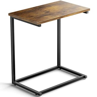 Industrial-style side table with metal frame and wooden top.