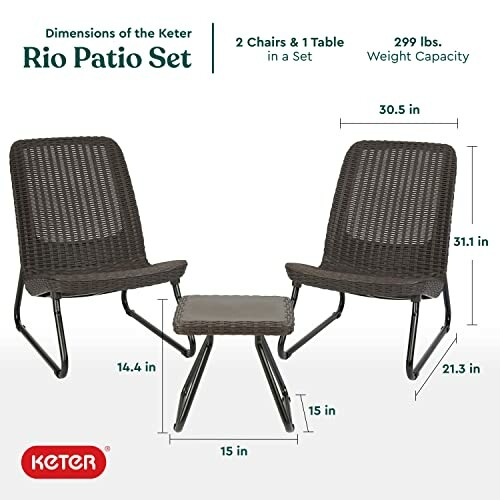 Keter Rio Patio Set with 2 chairs and 1 table, weight capacity 299 lbs, dimensions shown.