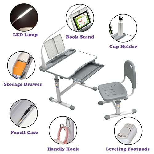 Children's desk and chair set with LED lamp, book stand, cup holder, storage drawer, pencil case, handy hook, and leveling footpads.