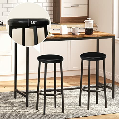 Two black bar stools and a wooden table in a kitchen setting.