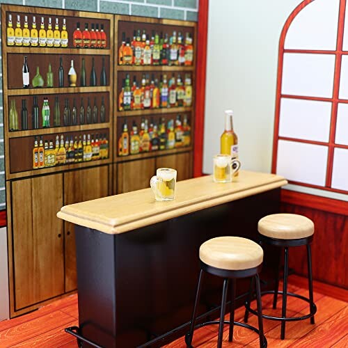 Miniature bar scene with counter, stools, and bottles.