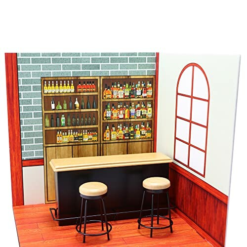 Miniature bar diorama with stools and shelves of bottles.