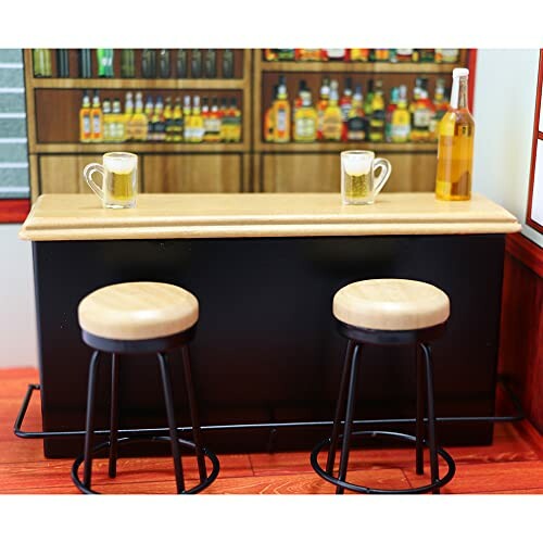 Miniature bar set with stools, bottles, and mugs