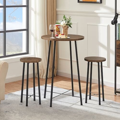 Modern bar table set with two stools in a living room.