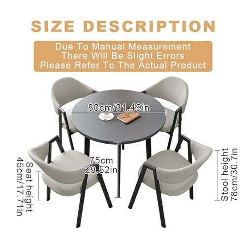 Modern dining table with four chairs and size measurements.