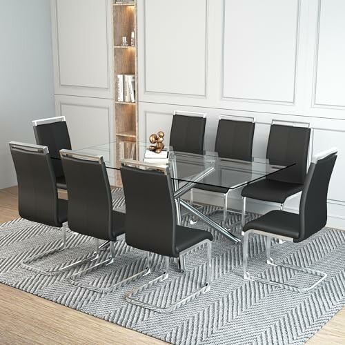 Modern glass dining table with black chairs on a gray rug