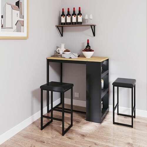 Modern home bar setup with stools and wine bottles.