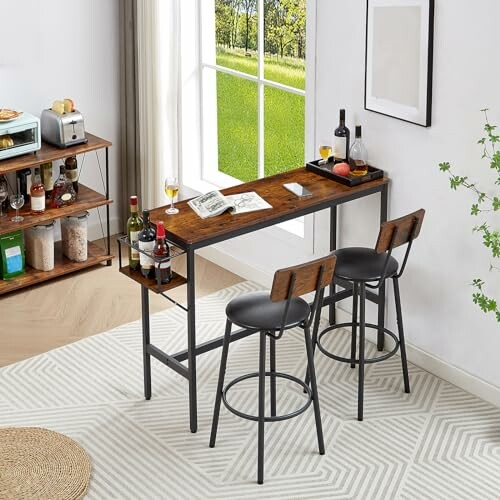 Modern kitchen bar table set with stools and wine bottles