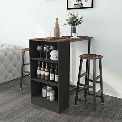 Modern bar table with stools and shelves in a kitchen setting.