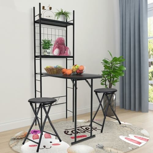 Compact kitchen table set with stools and shelves, featuring fruit, a plant, and a teddy bear.