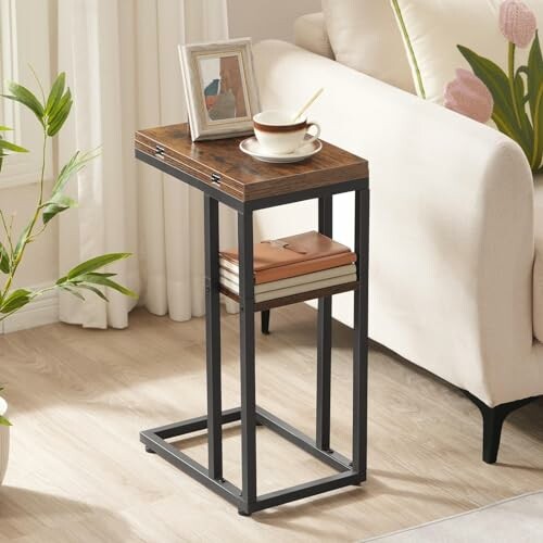 Modern side table with coffee cup and photo frame