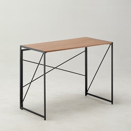 A minimalist desk with a wooden top and metal frame.