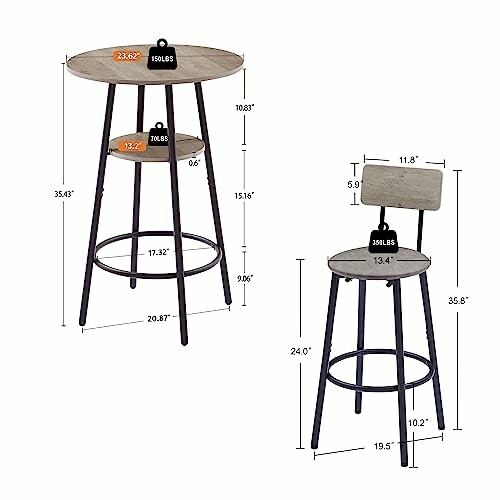 Round bar table and stool set with dimensions and weight capacity.