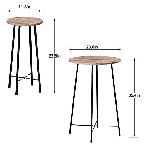 Round wooden bar table with metal legs, two heights shown.