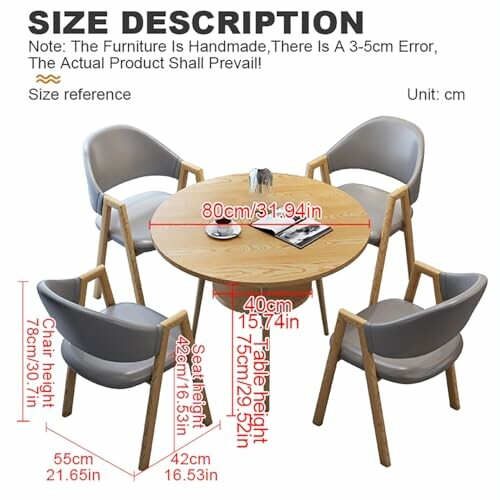 Round wooden table with four chairs, showing size measurements in centimeters.