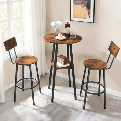 Rustic bar table set with two chairs in a corner.