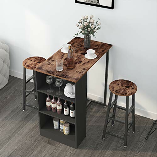 Rustic bar table with stools and shelves, featuring wooden top, glassware, and flowers.