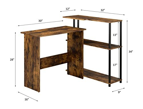 Rustic wooden corner desk with dimensions.